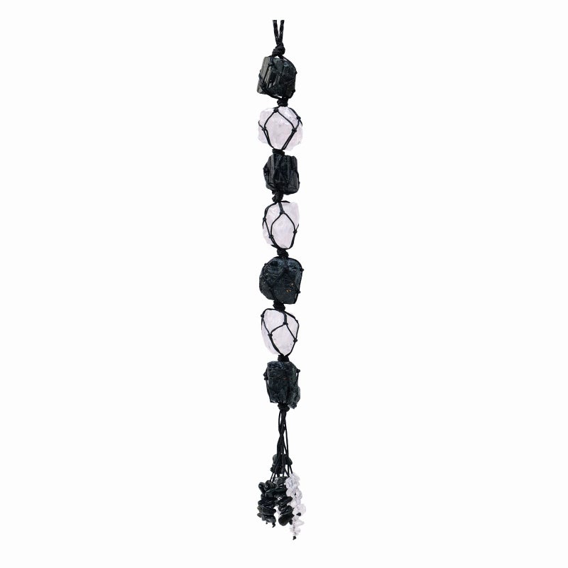 Runyangshi Natural Crystal Black Tourmaline&Clear Quartz Rough Stone Hanging Ornament with Chip Stones Tassels Reiki Healing Meditation Energy Balance Yoga Home Decor Gift - Image 1
